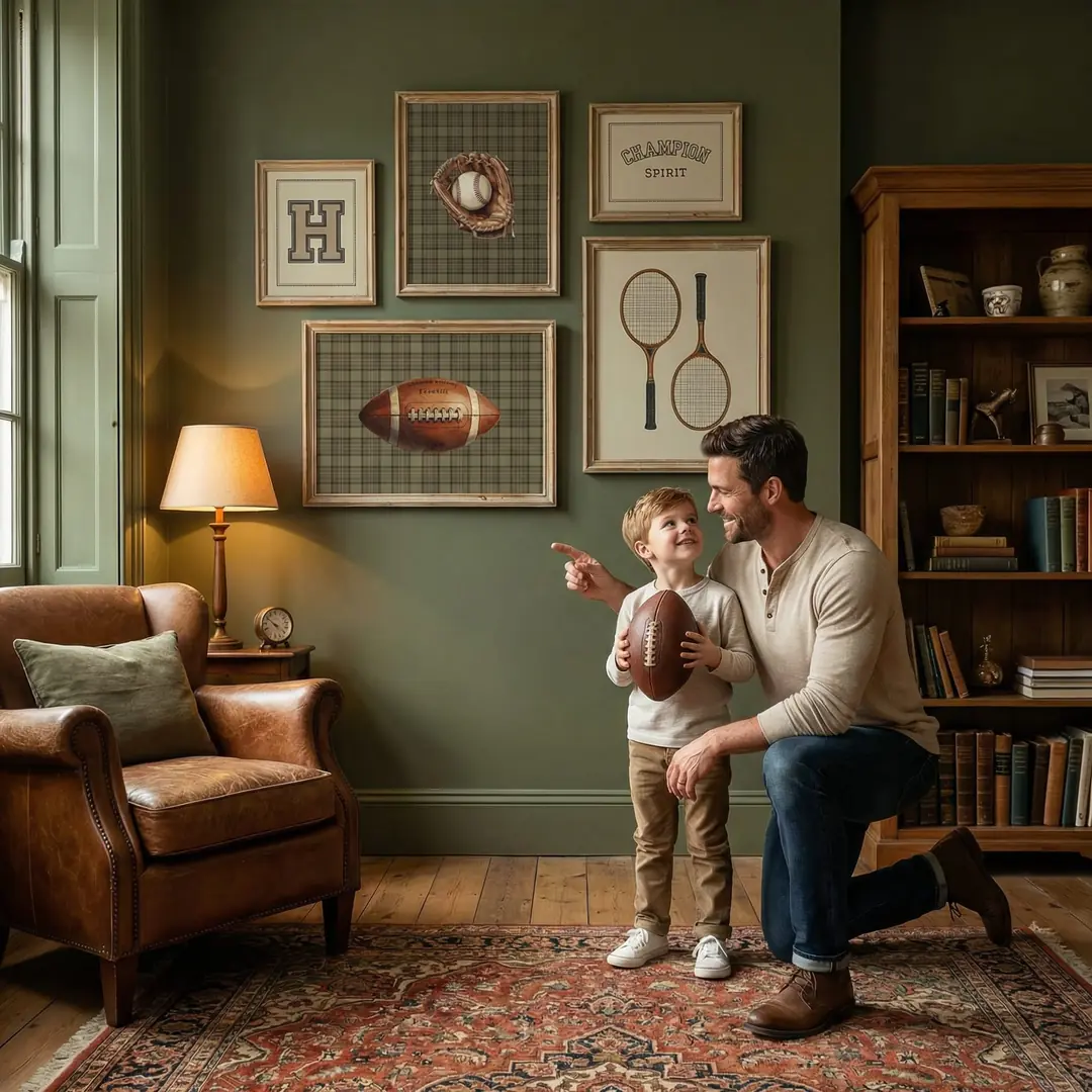 Vintage Sports Club Tennis and American Football Themed Boys' Room Picture Set