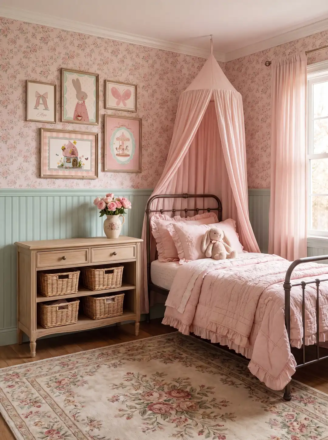 Vintage Pembe Elbiseli Tavşan, Masalsı Mantar Ev ve Kurdeleli Atlıkarınca Kız Bebek Odası