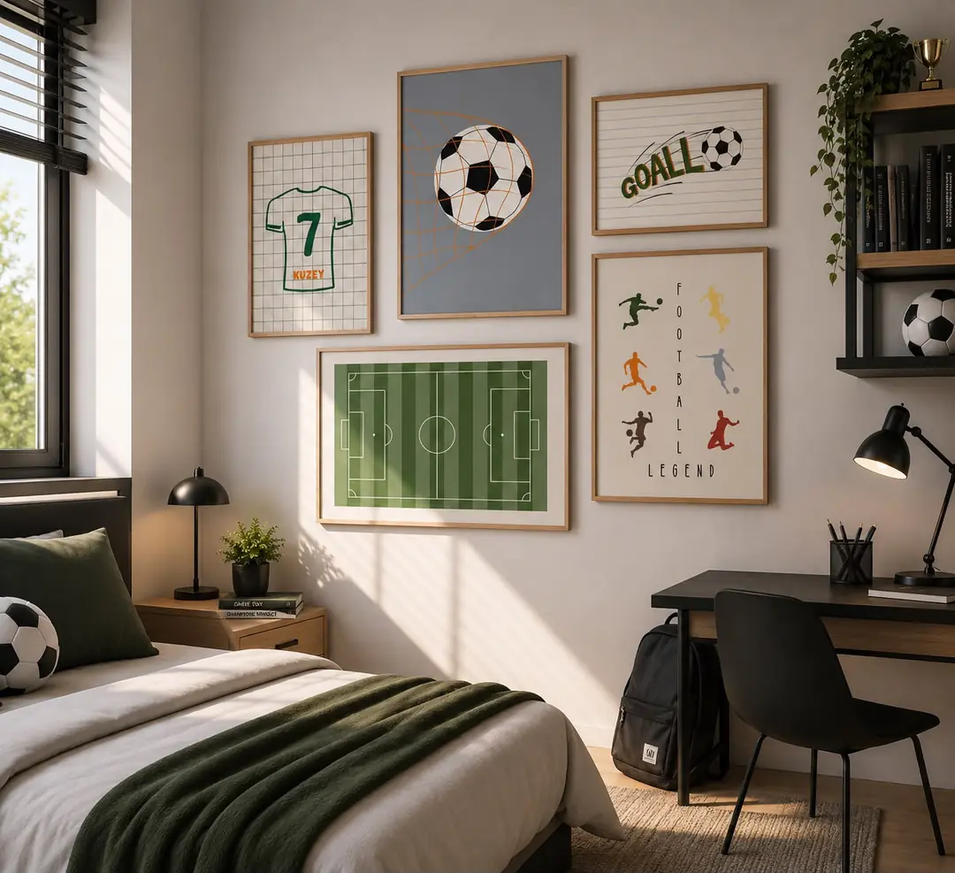 Ürün görseli: Retro Futbol Sahası, İsme Özel Forma ve Futbol Efsanesi Temalı Erkek Çocuk Odası Poster  Seti