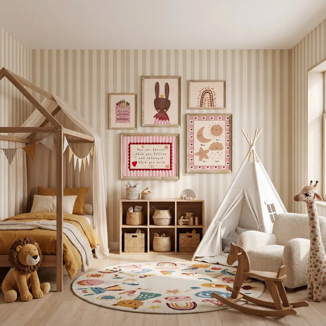 Ürün görseli: Boho Pastel  Sevimli Tavşan, Gökyüzü Figürleri ve Gökkuşağı Temalı Kız Çocuk Odası Poster Seti