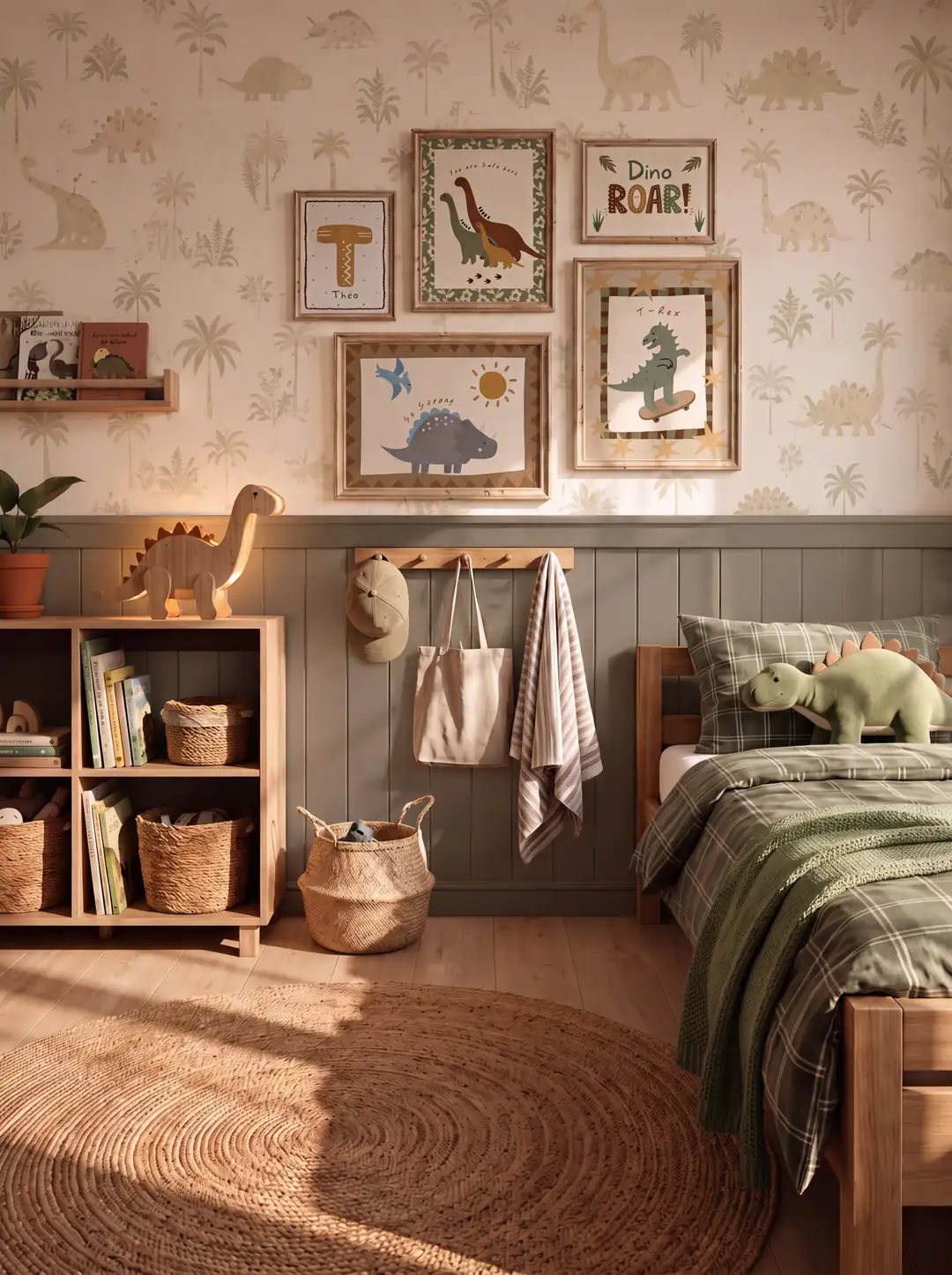 Boho Dinozorlar ve Kaykaylı T-Rex Çocuk Odası Poster