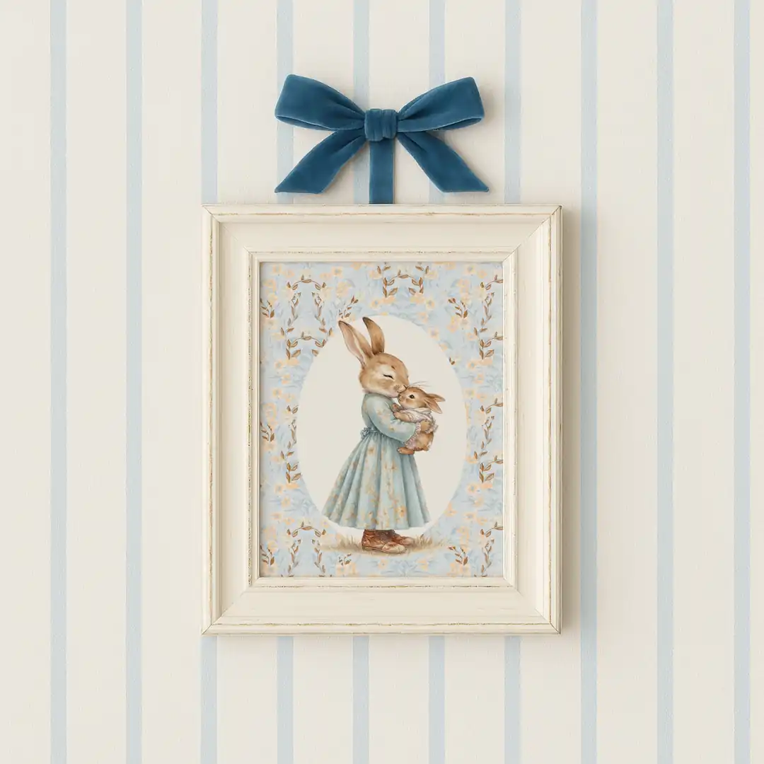 Vintage Anne Bebek Tavşan, Nostaljik Atlıkarınca ve Uçan Balon Temalı Bebek Odası Poster Seti