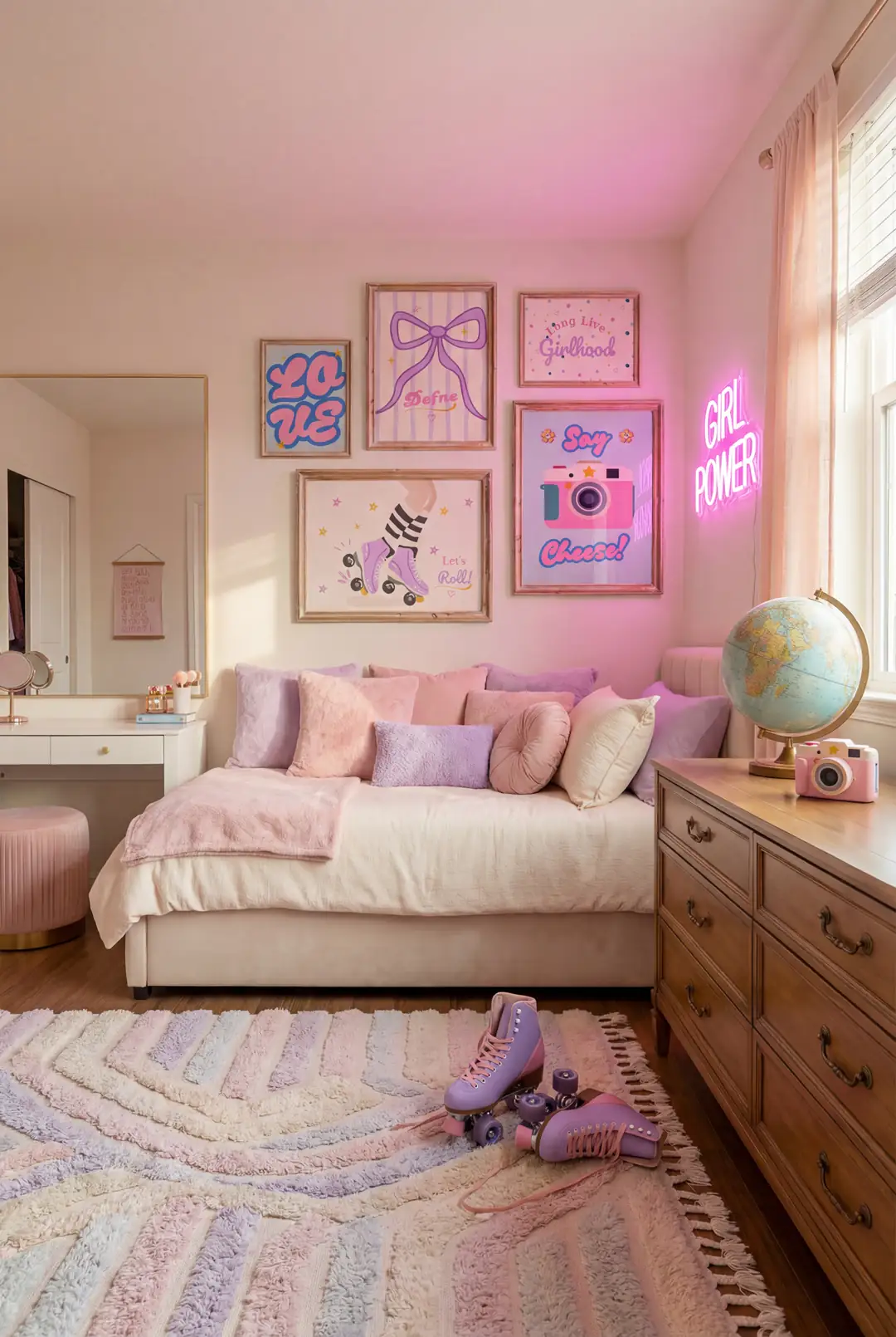 Retro Paten, Pembe Fotoğraf Makinesi ve Kurdele Temalı Preppy Kız Çocuk Odası Poster Seti