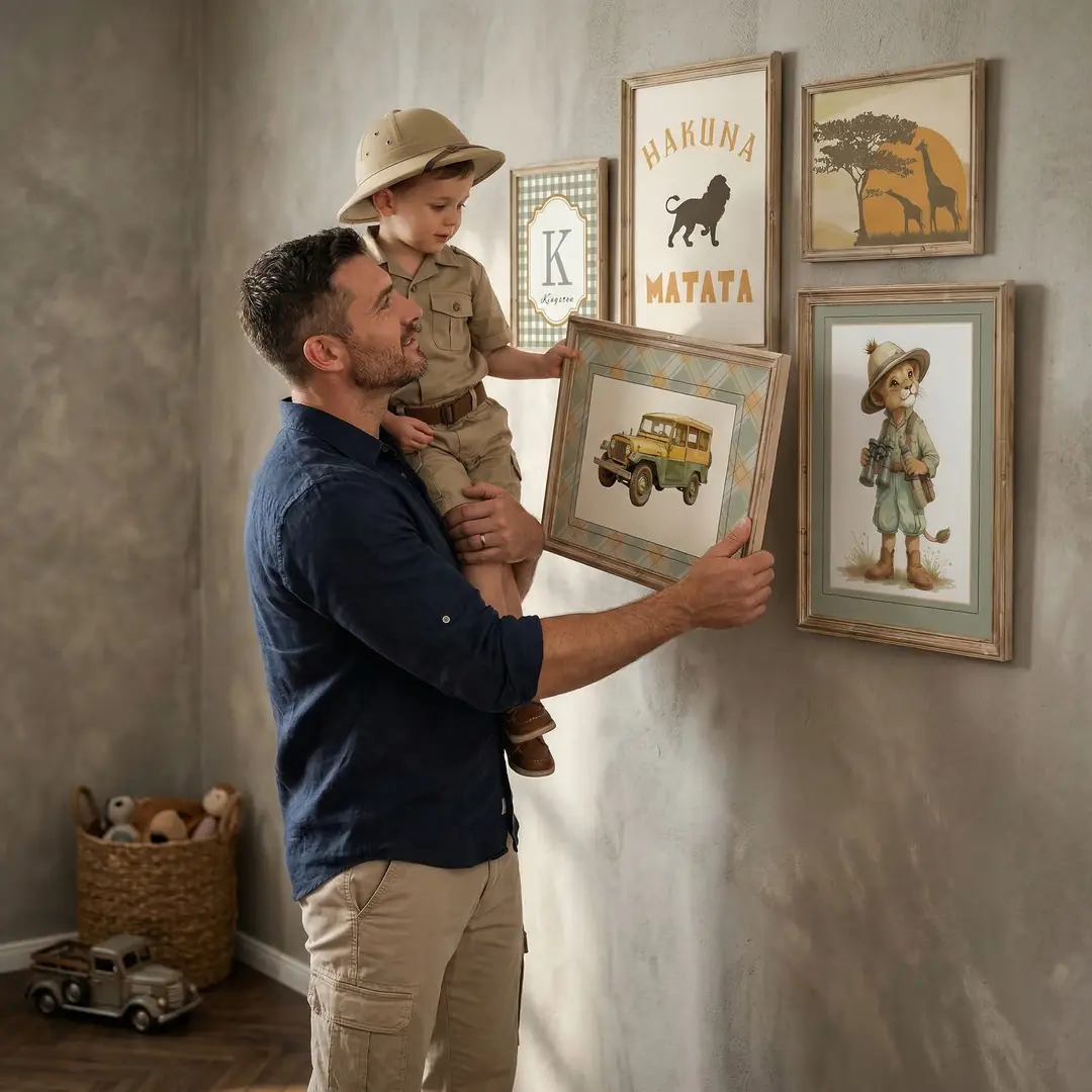 Ürün görseli: Vintage Safari Kaşif Aslan ve Jeep Temalı Erkek Çocuk Odası Poster
