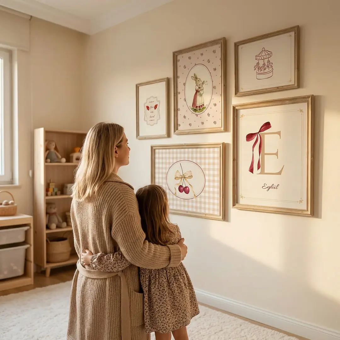Ürün görseli: Vintage Anne Bebek Tavşan, Kurdeleli Kiraz ve İsme Özel Coquette Kız Bebek Odası Poster Seti