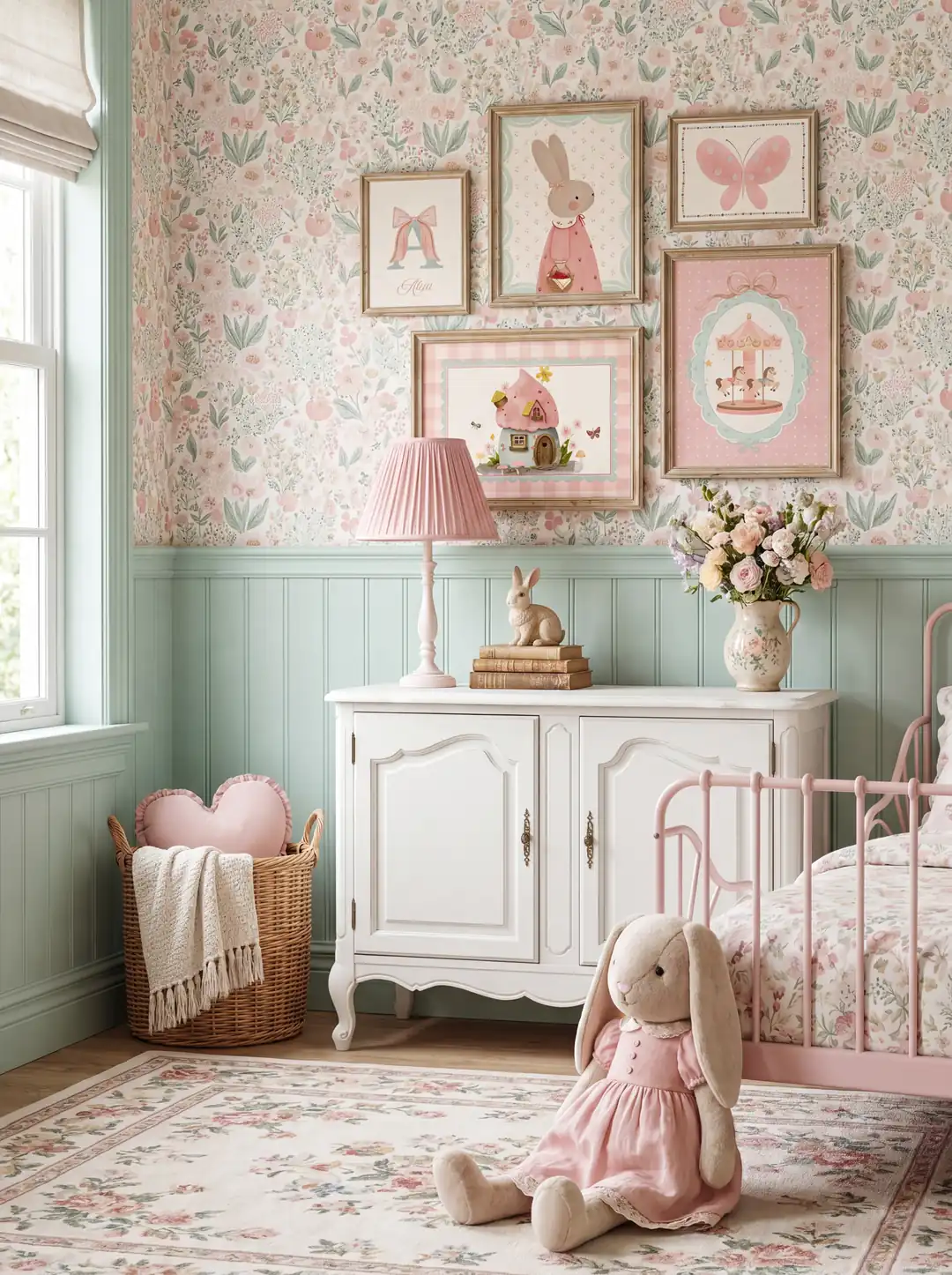 Vintage Pembe Elbiseli Tavşan, Masalsı Mantar Ev ve Kurdeleli Atlıkarınca Kız Bebek Odası