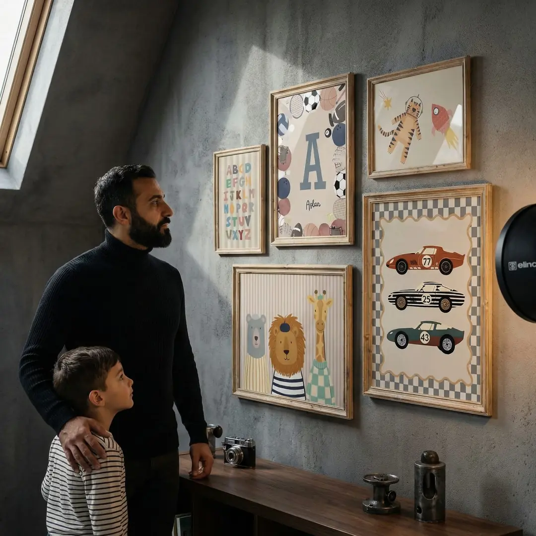 Retro Yarış Arabası ve Safari Hayvanları Temalı Çocuk odası poster