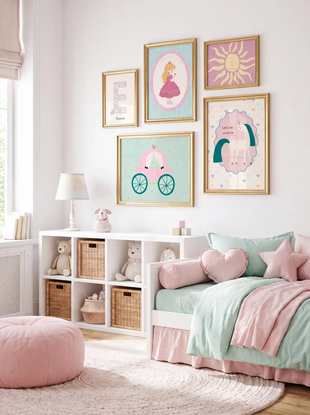 Ürün görseli: Masalsı Prenses, Balkabağı Arabası ve Unicorn Temalı Kız Çocuk Odası Poster Seti