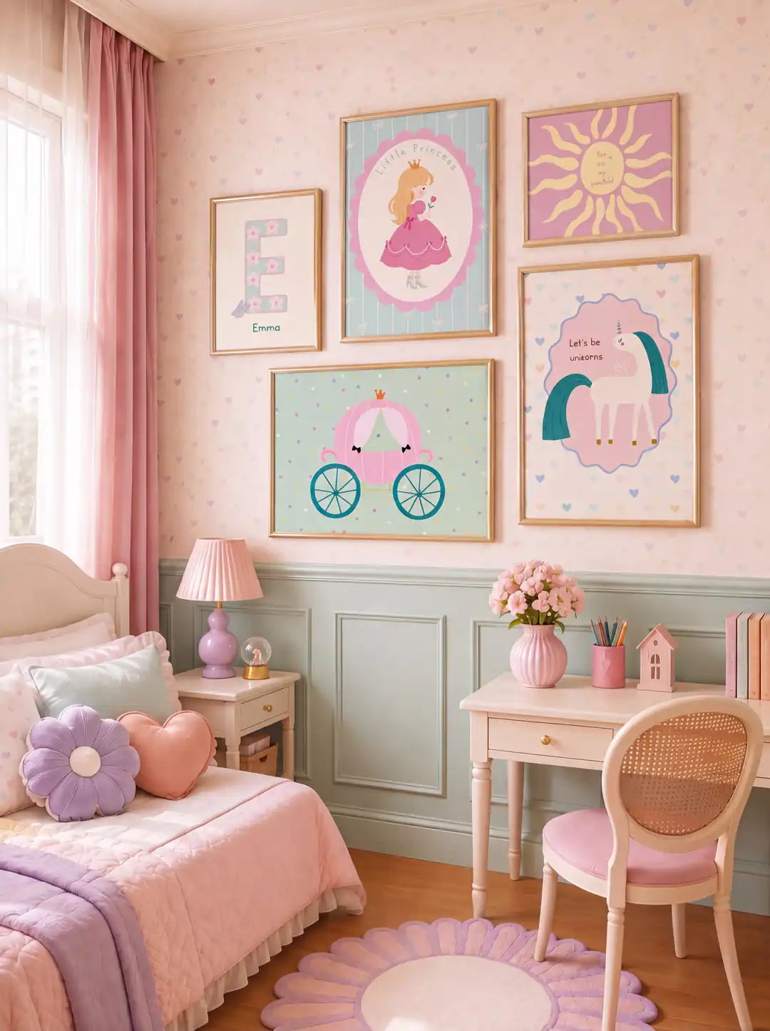 Masalsı Prenses, Balkabağı Arabası ve Unicorn Temalı Kız Çocuk Odası Poster Seti