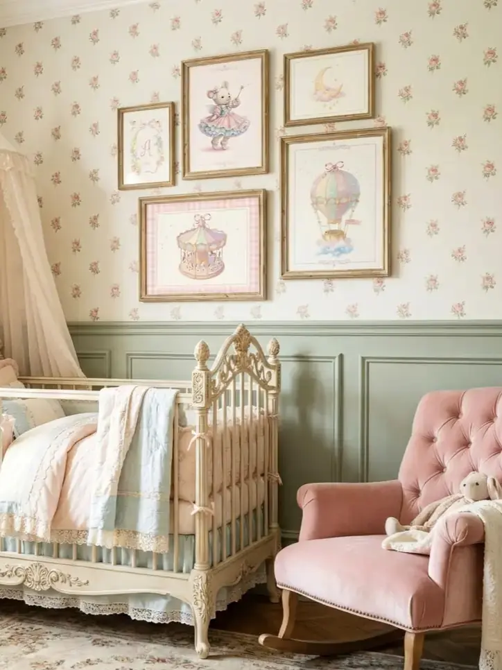 Ürün görseli: Vintage Peri Ayıcık, Pastel Atlıkarınca ve Uçan Balon Temalı Kız Bebek Odası Poster Seti