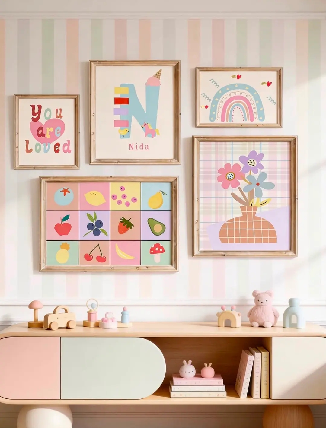 Ürün görseli: Retro Pastel Meyveler, Çiçekler ve Gökkuşağı Çocuk Odası Poster Seti
