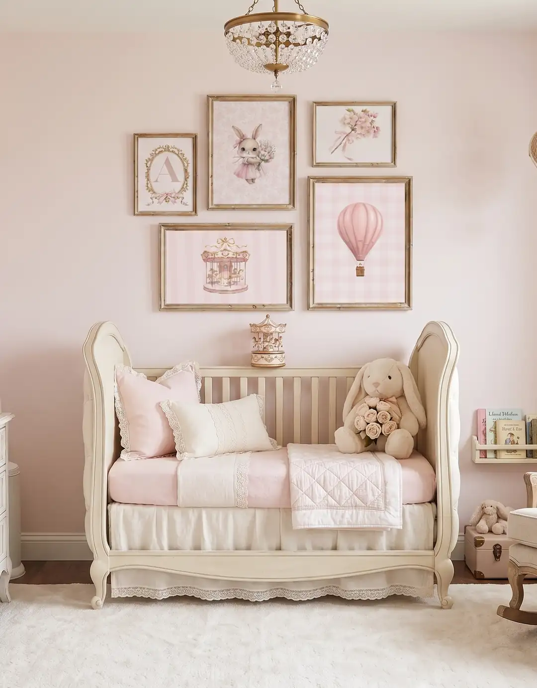 Ürün görseli: Vintage Çiçekli Tavşan, Pembe Atlıkarınca ve Uçan Balon Temalı Kız Bebek Odası Poster Seti